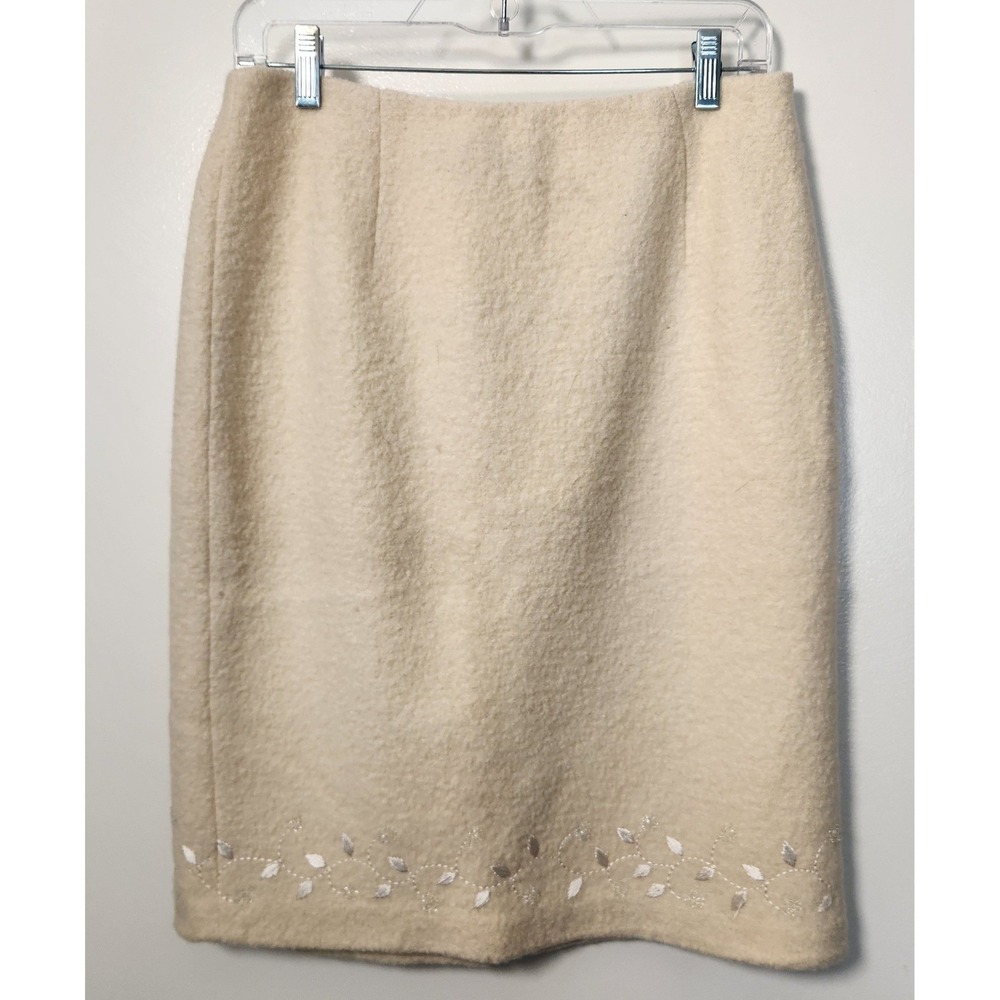 Vtg Sandra King 100% Wool Sz 8 Ivory Pencil Skirt Embroidered Lined Side Zip